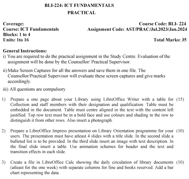 IGNOU BLI-224 (Practical) - ICT Fundamentals, Latest Solved Assignment Practical-July 2023 – January 2024