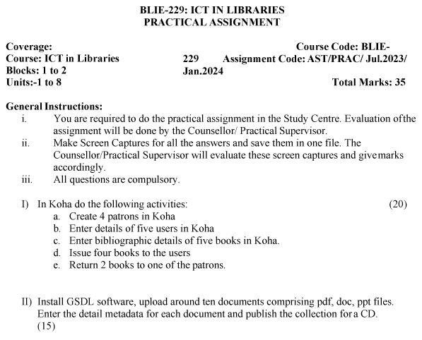 IGNOU BLIE-229 (Practical) - ICT in Libraries, Latest Solved Assignment Practical-July 2023 - January 2024