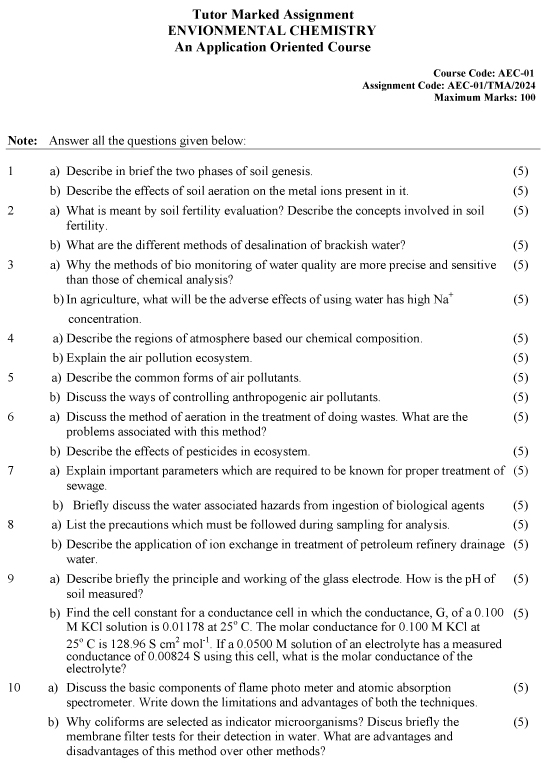 IGNOU AEC-01 - Environmental Chemistry, Latest Solved Assignment-January 2024 - December 2024