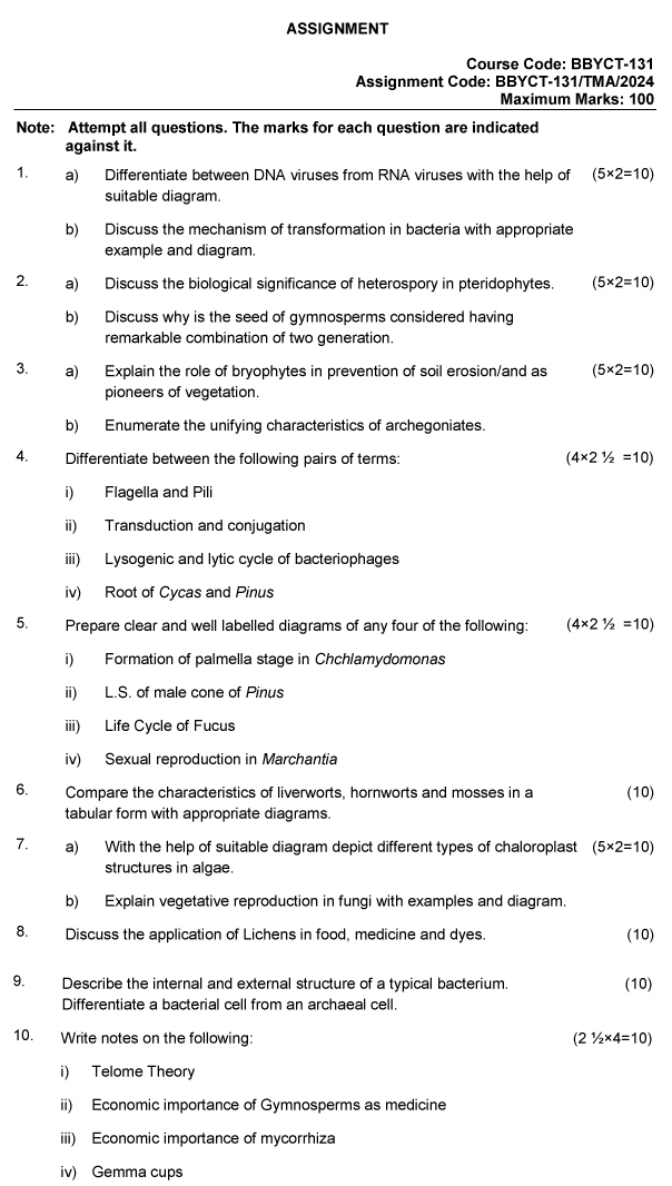 IGNOU BBYCT-131 - Biodiversity - Microbes, Algae, Fungi and Archegoniates, Latest Solved Assignment-January 2024 - December 2024