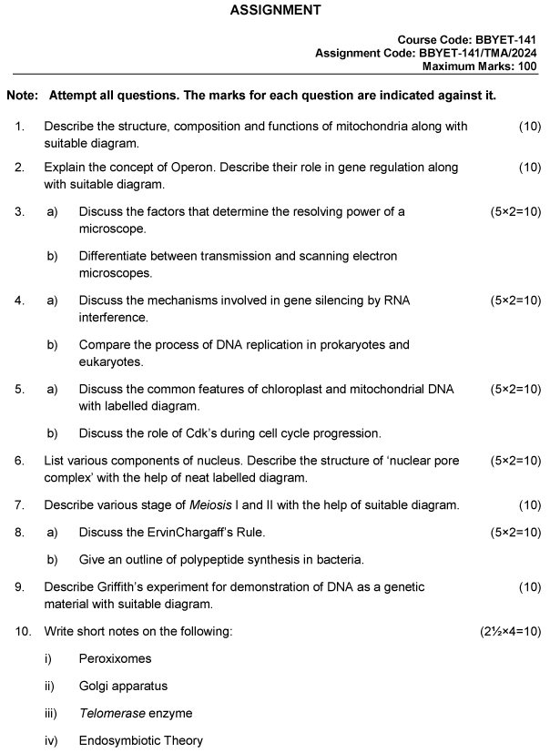 IGNOU BBYET-141 - Cell and Molecular Biology, Latest Solved Assignment-January 2024 - December 2024