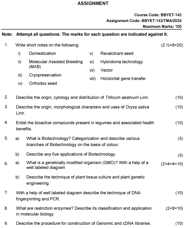 IGNOU BBYET-143 - Economic Botany and Plant Biotechnology, Latest Solved Assignment-January 2024 - December 2024