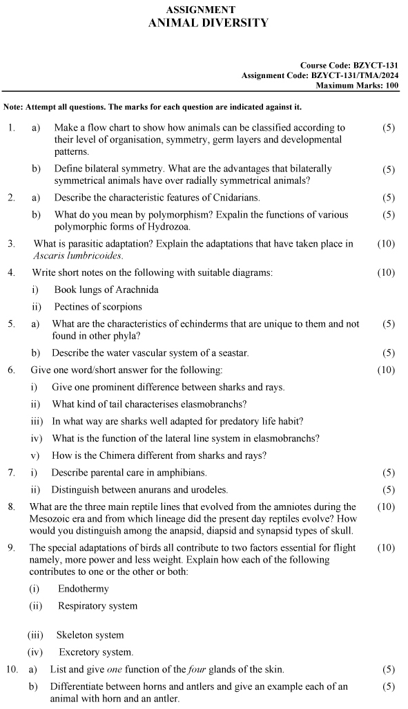 IGNOU BZYCT-131 - Animal Diversity, Latest Solved Assignment-January 2024 - December 2024