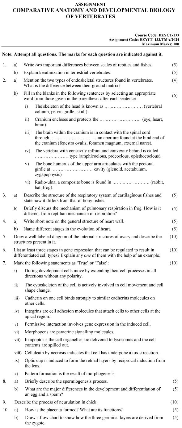 IGNOU BZYCT-133 - Comparative Anatomy and Developmental Biology of Vertebrates, Latest Solved Assignment-January 2024 - December 2024