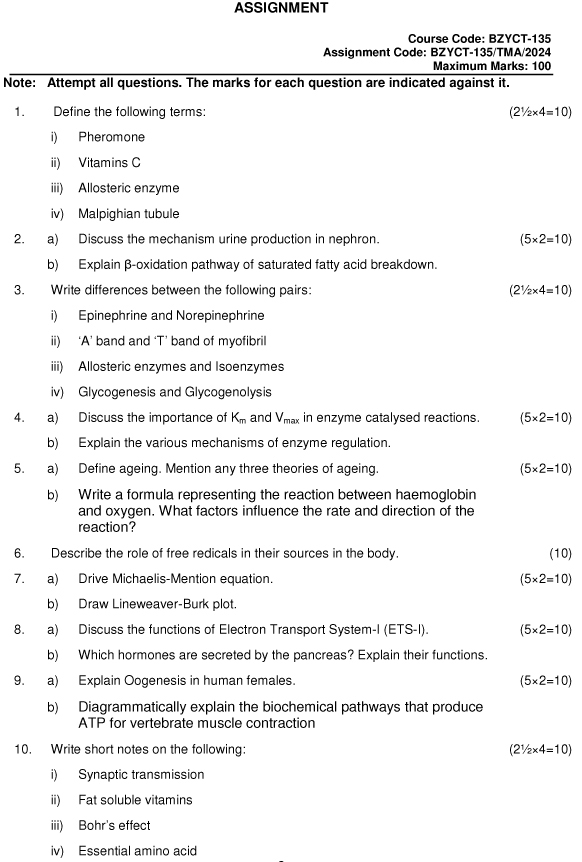 IGNOU BZYCT-135 - Physiology and Biochemistry, Latest Solved Assignment-January 2024 - December 2024