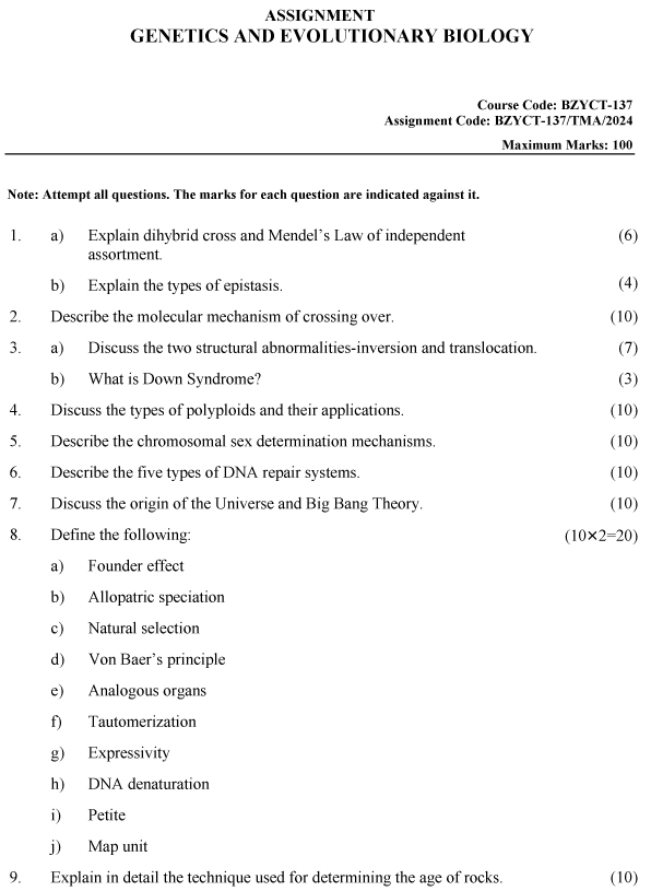 IGNOU BZYCT-137 - Genetics and Evolutionary Biology, Latest Solved Assignment-January 2024 - December 2024