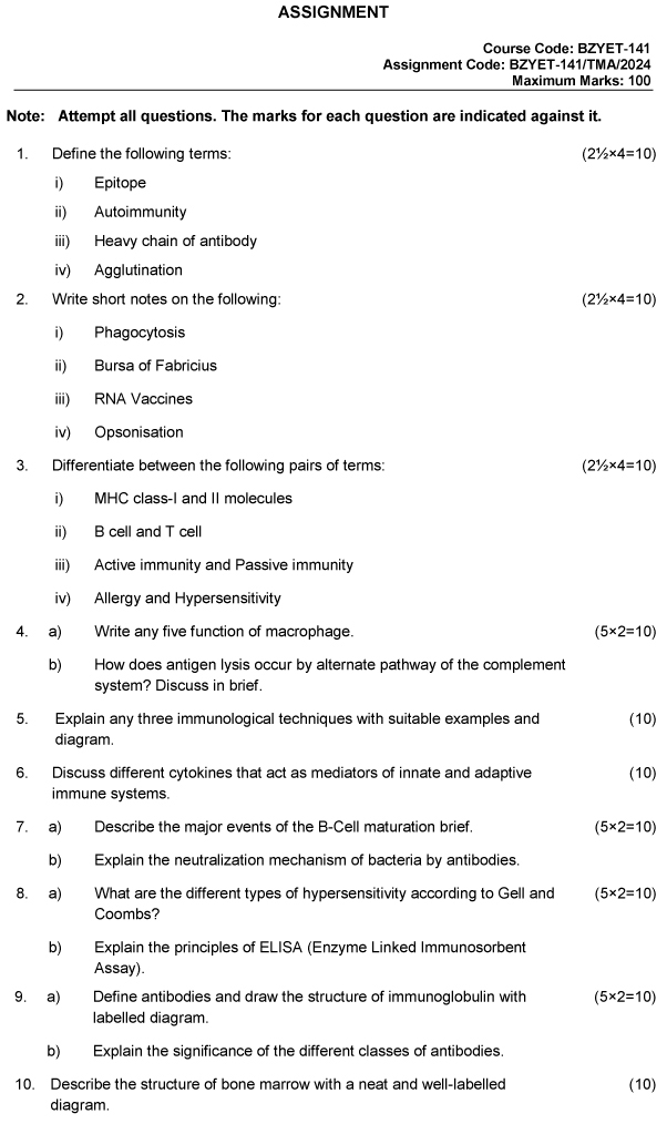 IGNOU BZYET-141 - Immunology, Latest Solved Assignment-January 2024 - December 2024