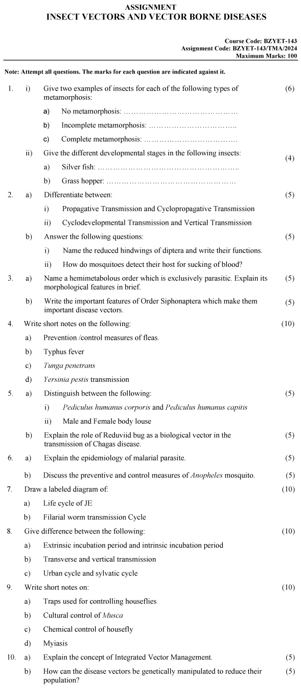 IGNOU BZYET-143 - Insect Vectors and Vector Borne Diseases, Latest Solved Assignment-January 2024 - December 2024