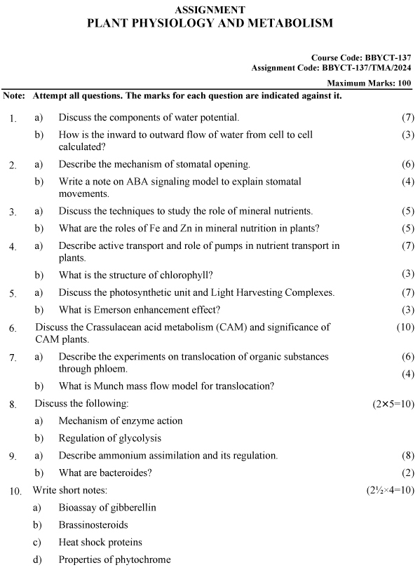 IGNOU BBYCT-137 - Plant Physiology and Metabolism, Latest Solved Assignment-January 2024 - December 2024