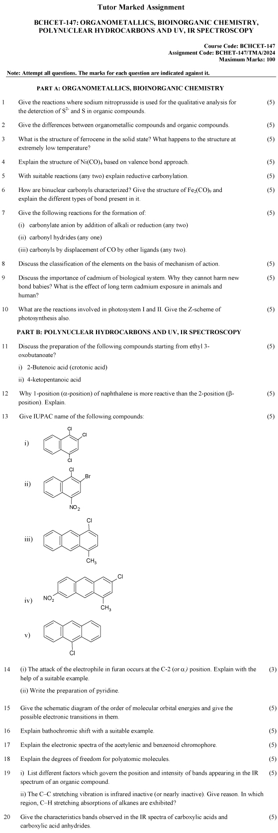 IGNOU BCHET-147 - Organometallics, Bioinorganic Chemistry, Polynuclear Hyderocarbons and UV, IR Spectroscopy, Latest Solved Assignment-January 2024 - December 2024