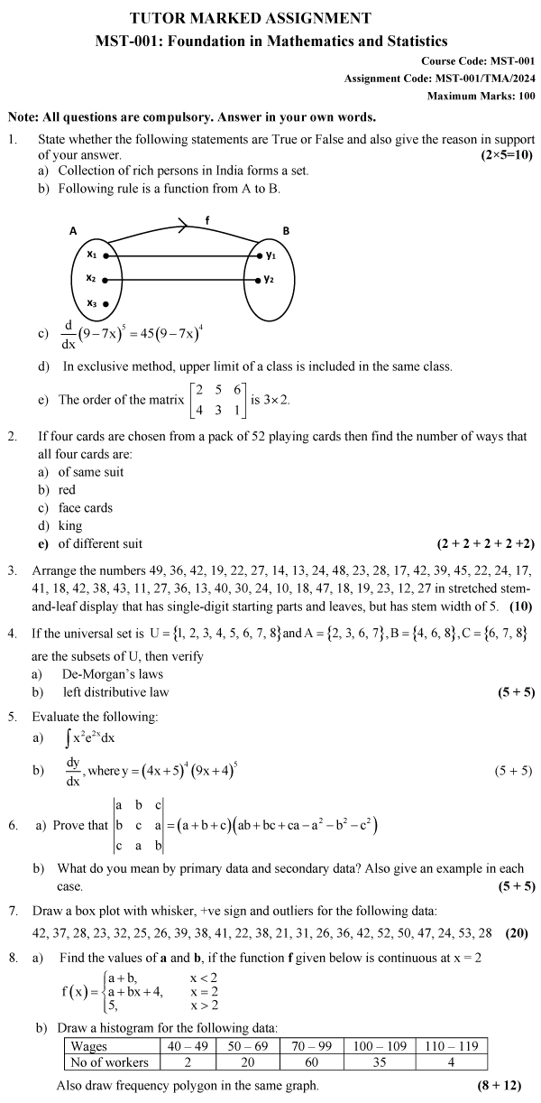 IGNOU MST-01 - Foundation in Mathematics and Statistics Latest Solved Assignment-January 2024 - December 2024