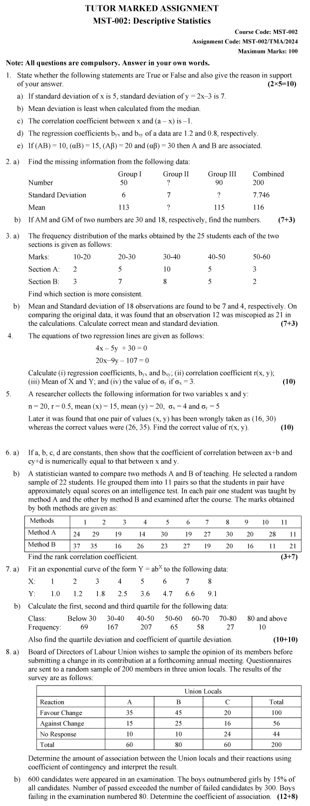 IGNOU MST-02 - Descriptive Statistics Latest Solved Assignment-January 2024 - December 2024