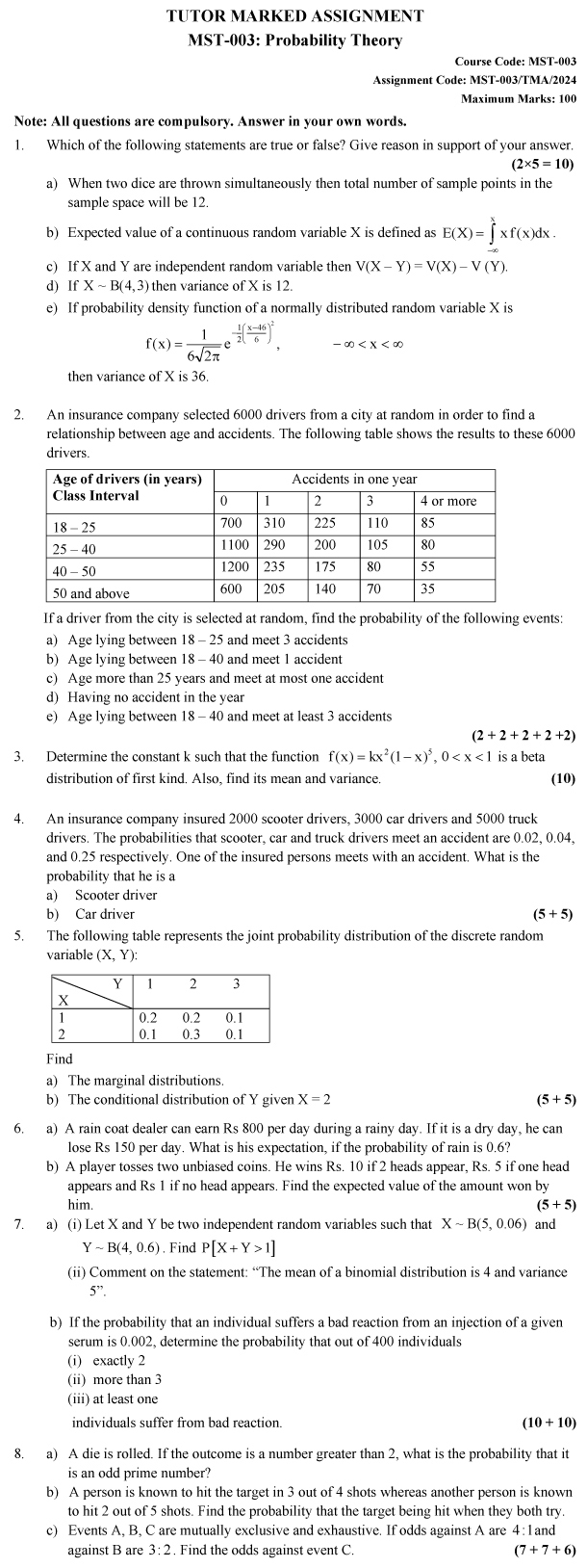 IGNOU MST-03 - Probability Theory Latest Solved Assignment-January 2024 - December 2024