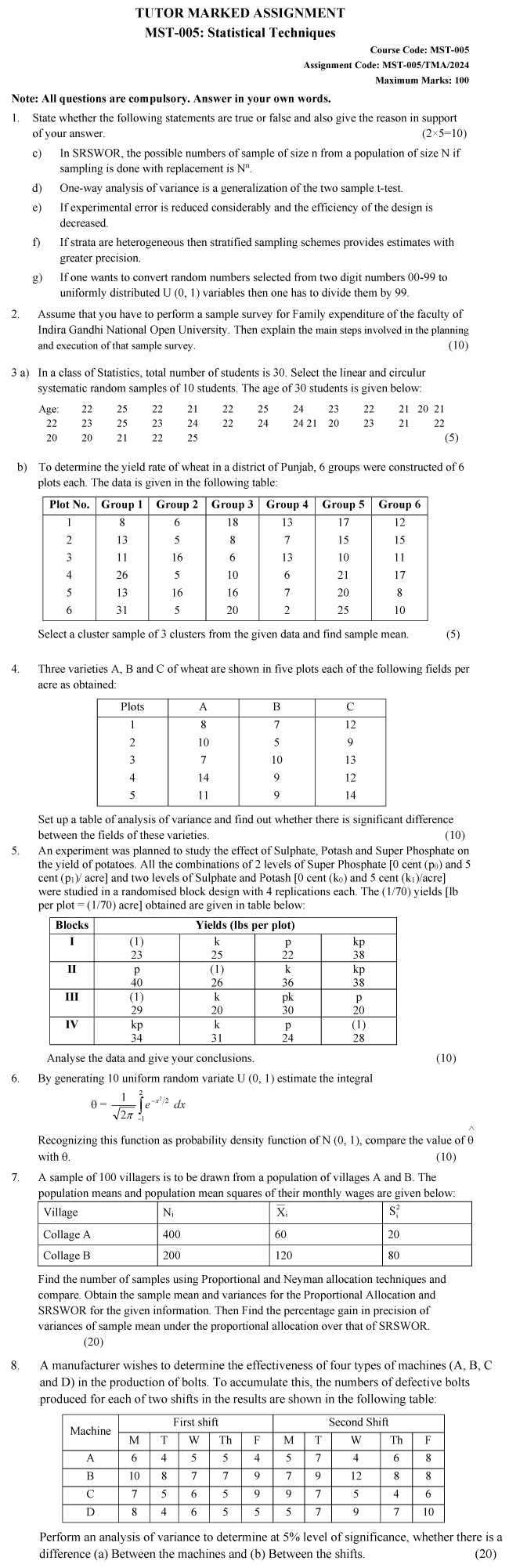 IGNOU MST-05 - Statistical Techniques  Latest Solved Assignment-January 2024 - December 2024