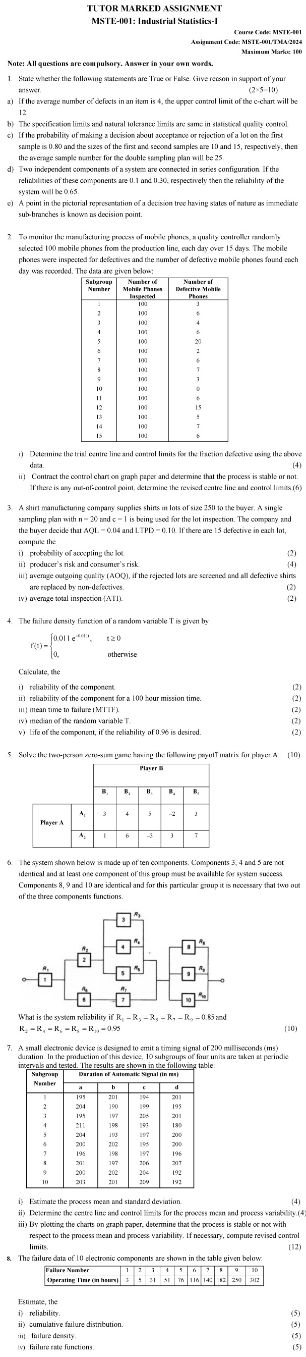 IGNOU MSTE-01 - Industrial Statistics-I Latest Solved Assignment-January 2024 - December 2024