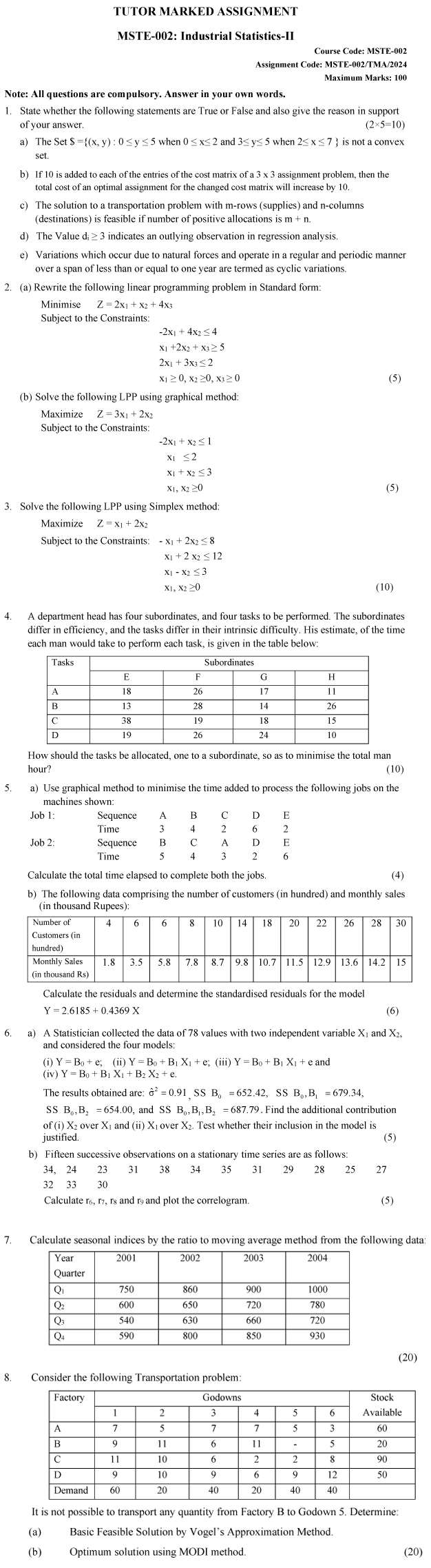 IGNOU MSTE-02 - Industrial Statistics -II Latest Solved Assignment-January 2024 - December 2024