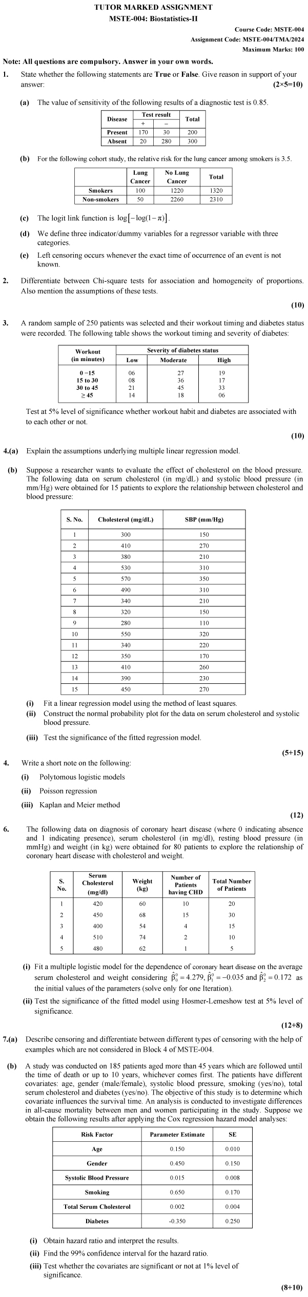 IGNOU MSTE-04 - Biostatistics -II Latest Solved Assignment-January 2024 - December 2024