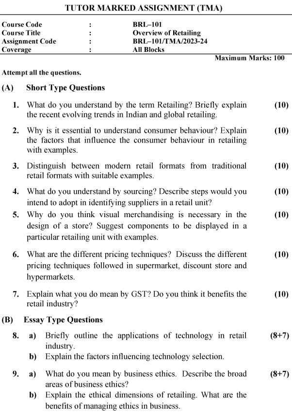 IGNOU BRL-101 - Overview of Retailing Latest Solved Assignment-July 2023 - June 2024