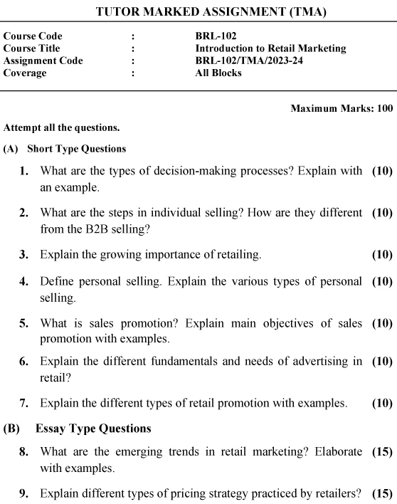 IGNOU BRL-102 - Introduction to Retail Marketing Latest Solved Assignment-July 2023 - June 2024