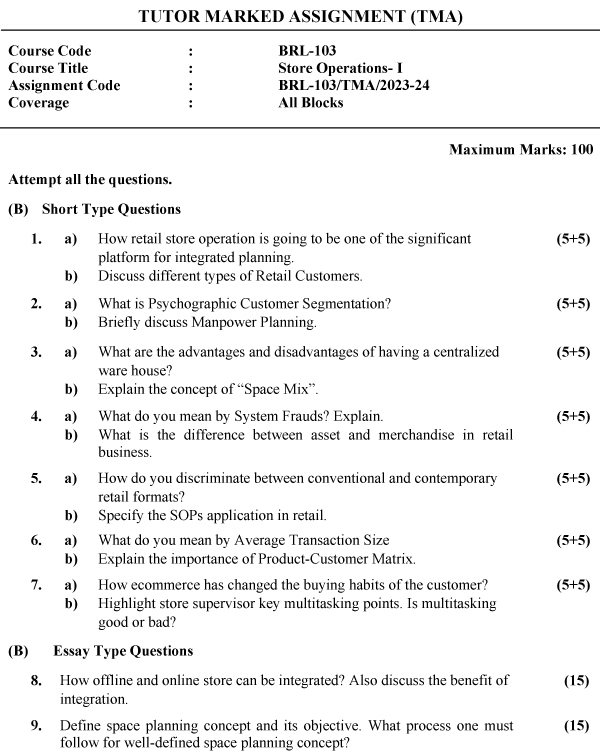 IGNOU BRL-103 - Store Operations Latest Solved Assignment-July 2023 - June 2024