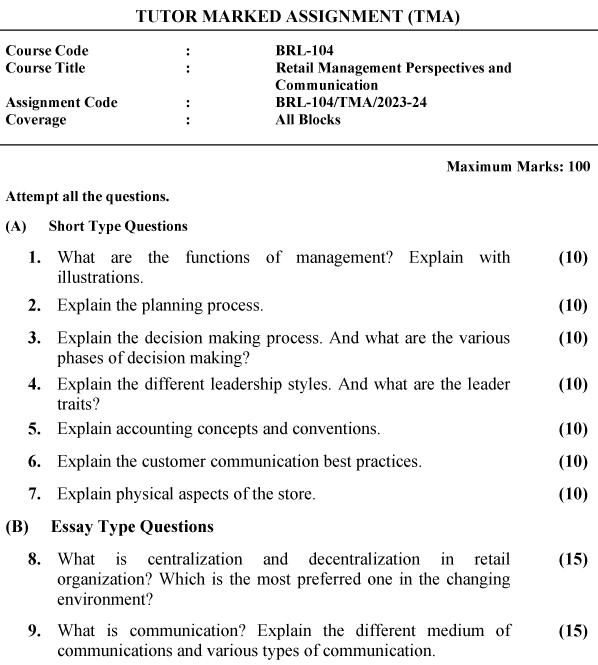 BRL-104 - Retail Management Perspectives and Communication-July 2023 - June 2024