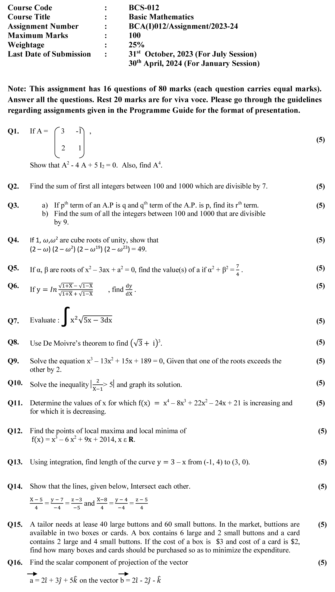 BCS-12 - Basic Mathematics-July 2023 - January 2024