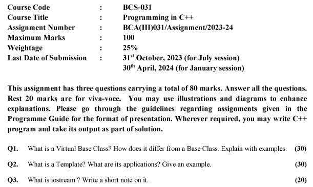 IGNOU BCS-31 - Programming in C++, Latest Solved Assignment-July 2023 - January 2024