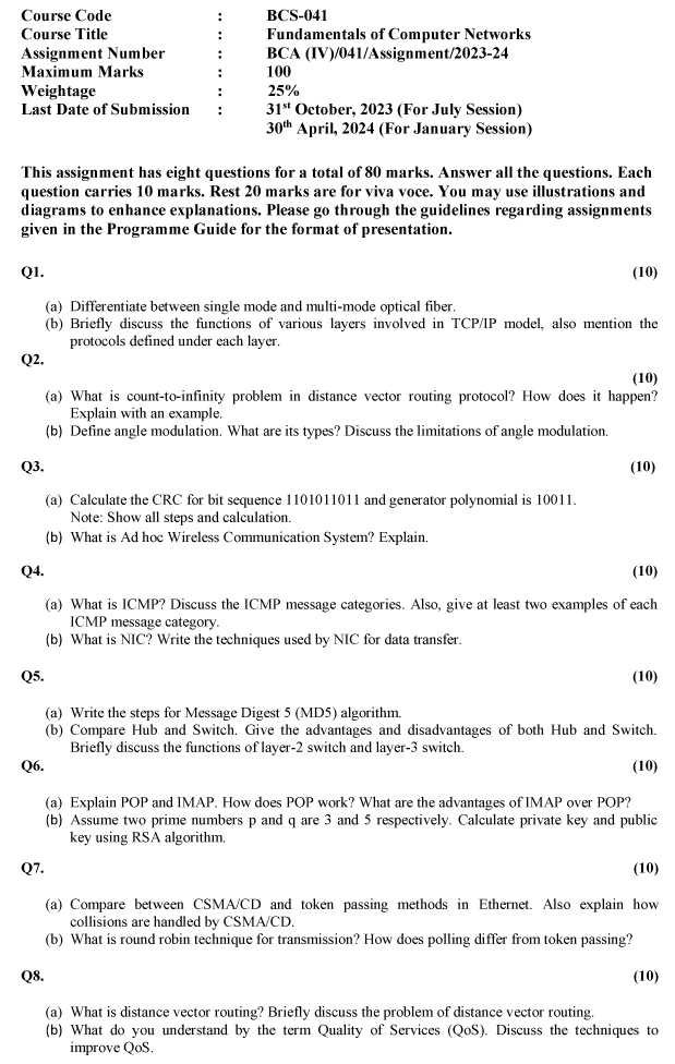 IGNOU BCS-41 - Fundamentals of Computer Networks, Latest Solved Assignment-July 2023 - January 2024