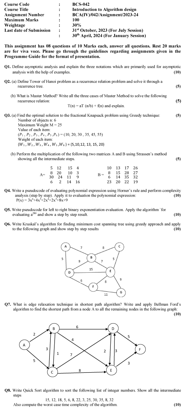 IGNOU BCS-42 - Introduction to Algorithm Design, Latest Solved Assignment-July 2023 - January 2024