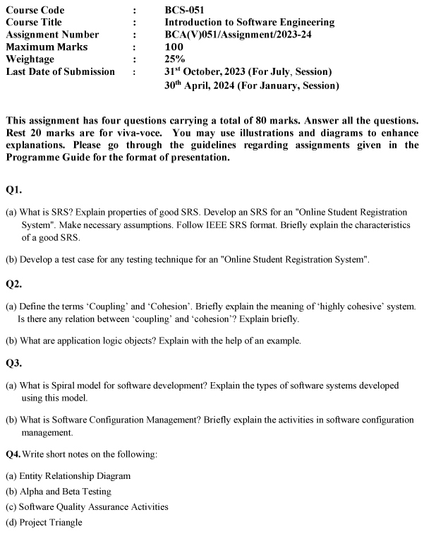 IGNOU BCS-51 - Introduction to Software Engineering, Latest Solved Assignment-July 2023 - January 2024