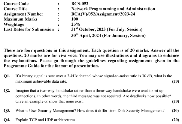 IGNOU BCS-52 - Network Programming and Administration, Latest Solved Assignment-July 2023 - January 2024