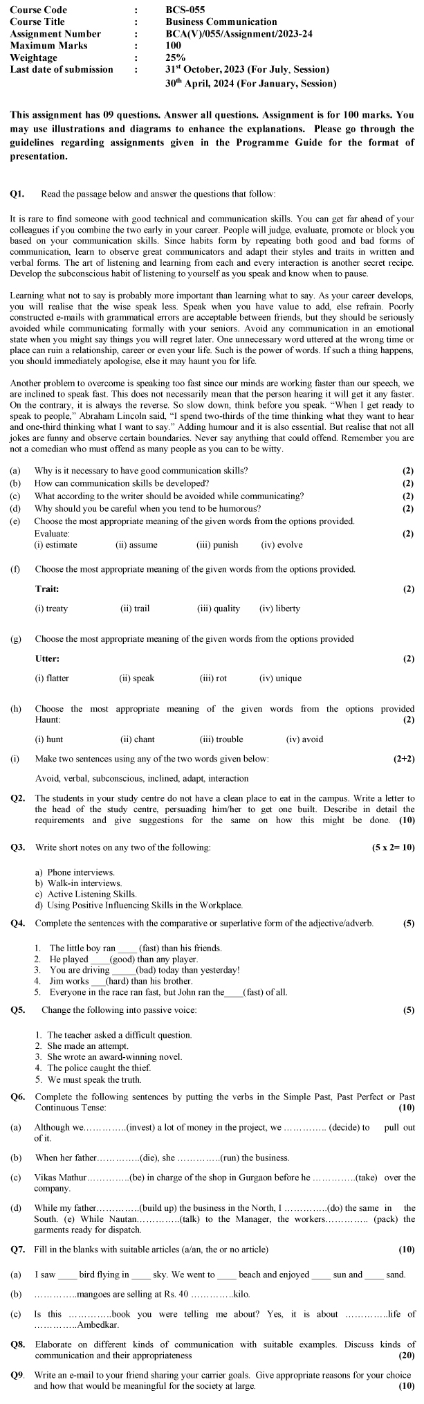 IGNOU BCS-55 - Business Communication, Latest Solved Assignment-July 2023 - January 2024