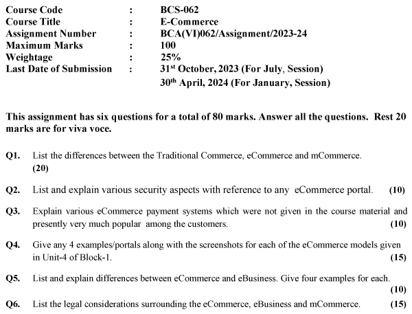 IGNOU BCS-62 - E-Commerce, Latest Solved Assignment-July 2023 - January 2024