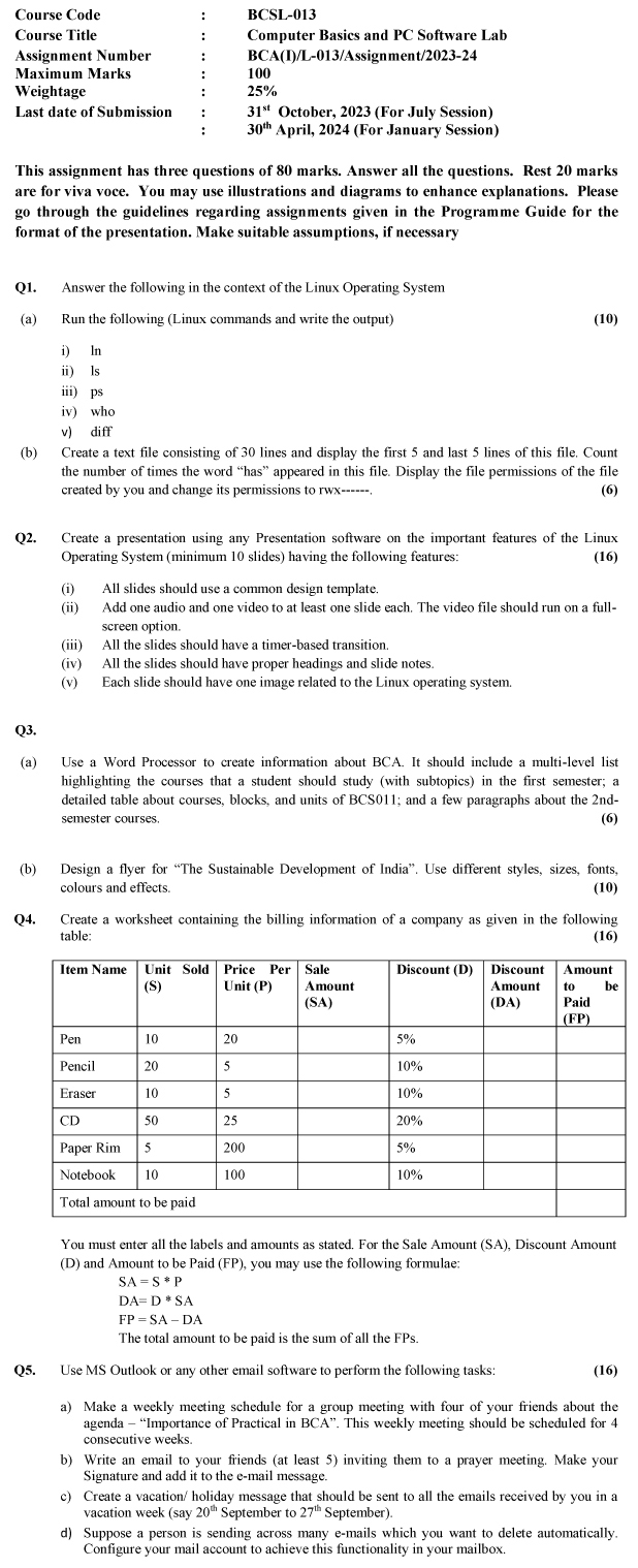 IGNOU BCSL-13 - Computer Basics and PC Software Lab, Latest Solved Assignment-July 2023 - January 2024