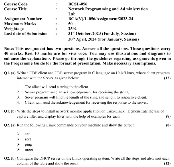 IGNOU BCSL-56 - Network Programming and Administration Lab Latest Solved Assignment-July 2023 - January 2024