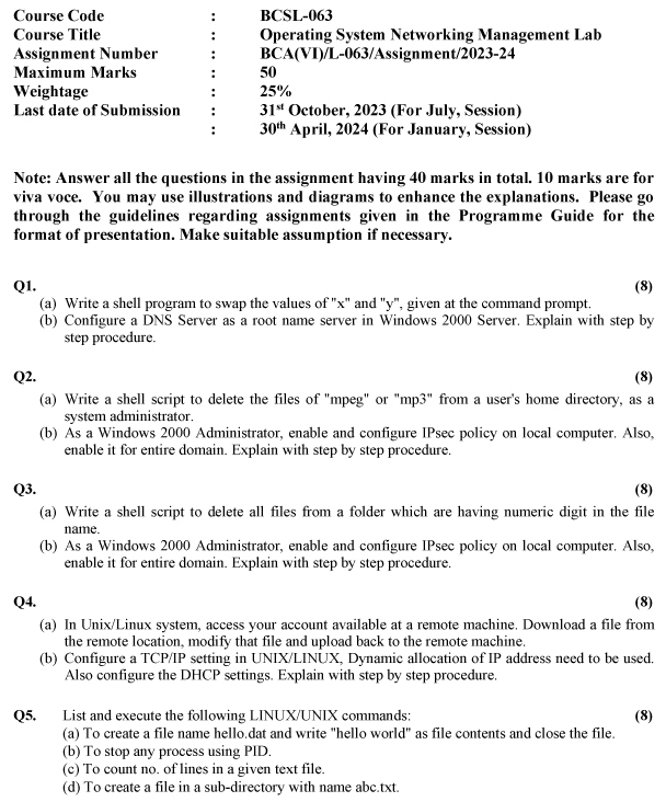 IGNOU BCSL-63 - Operating System Networking Management Lab Latest Solved Assignment-July 2023 - January 2024