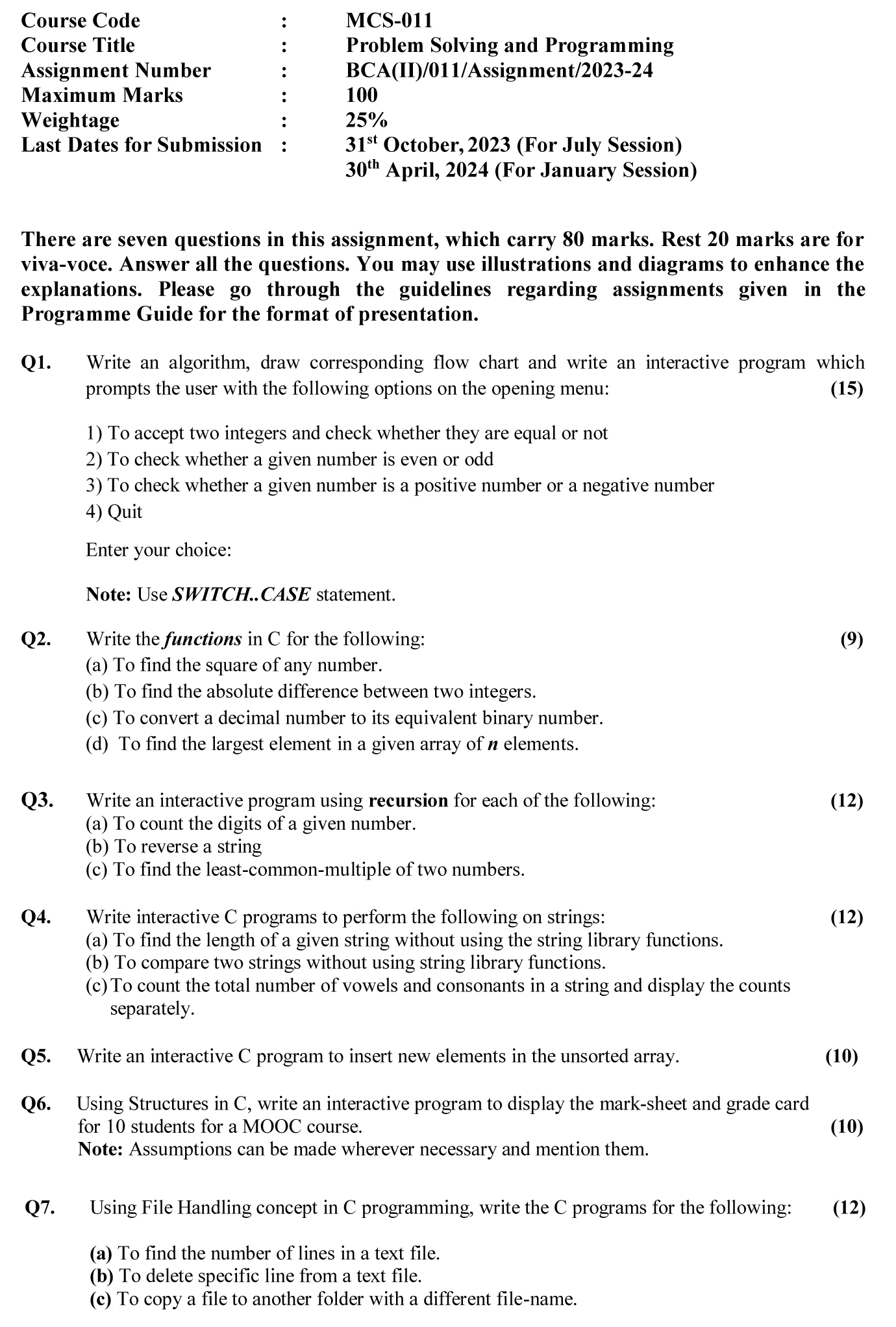 IGNOU MCS-11 - Problem Solving and Programming, Latest Solved Assignment -July 2023 - January 2024