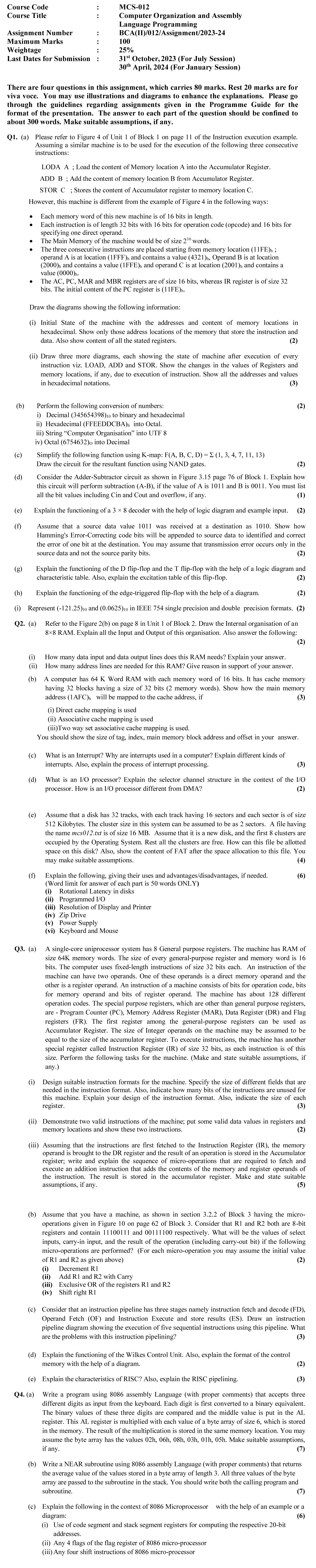 IGNOU MCS-12 - Computer Organization and ALP, Latest Solved Assignment-July 2023 - January 2024