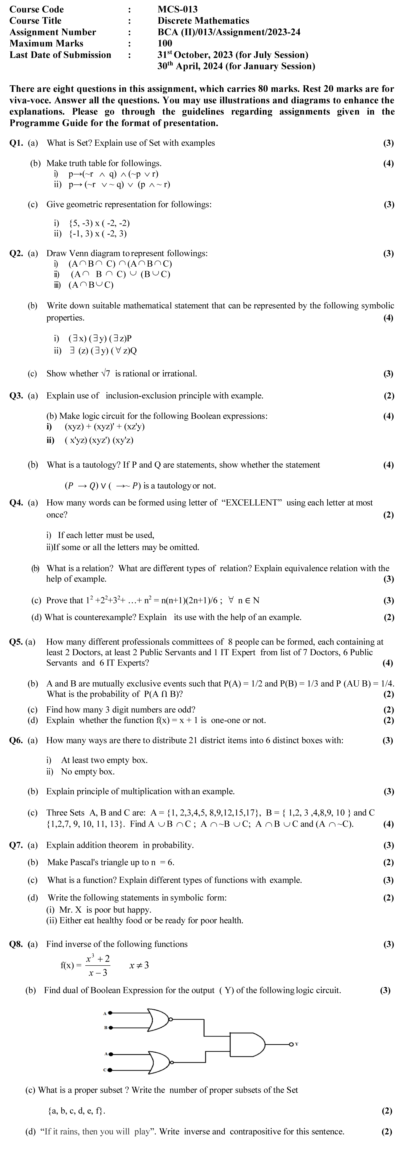 IGNOU MCS-13 - Discrete Mathematics, Latest Solved Assignment -July 2023 - January 2024