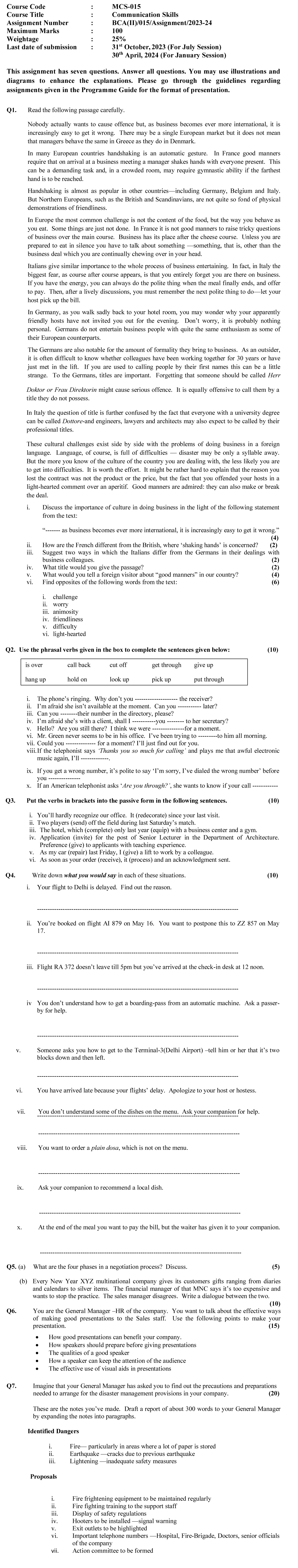 IGNOU MCS-15 - Communication Skills, Latest Solved Assignment-July 2023 - January 2024