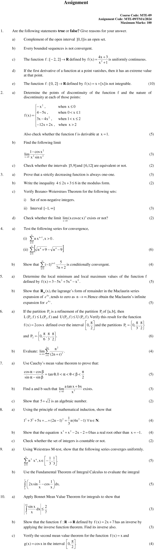 MTE-09 - Real Analysis-January 2024 - December 2024