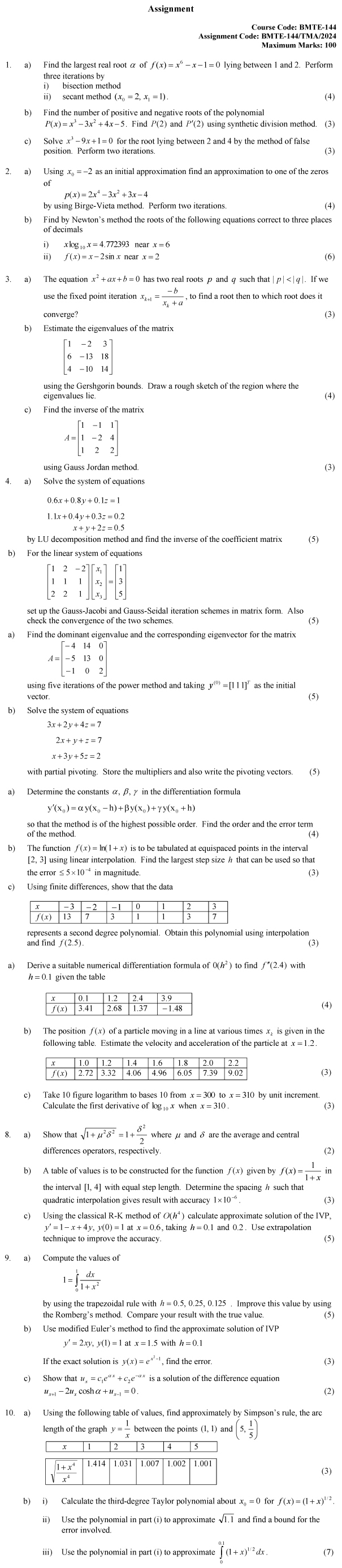 BMTE-144 - Numerical Analysis-January 2024 - December 2024