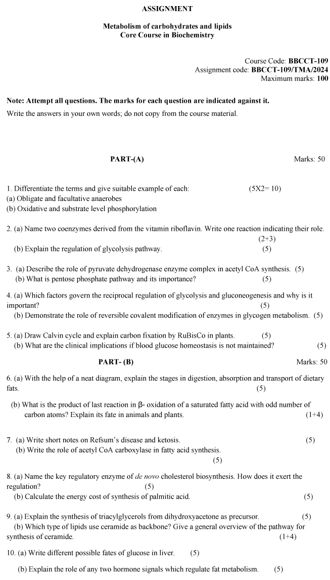 IGNOU BBCCT-109 - Metabolism of Carbohydrates and Lipids, Latest Solved Assignment-January 2024 - December 2024