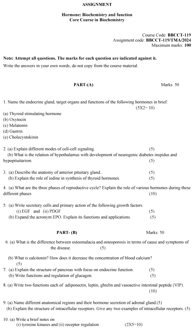 IGNOU BBCCT-119 - Hormone: Biochemistry and Function Latest Solved Assignment-January 2024 - December 2024