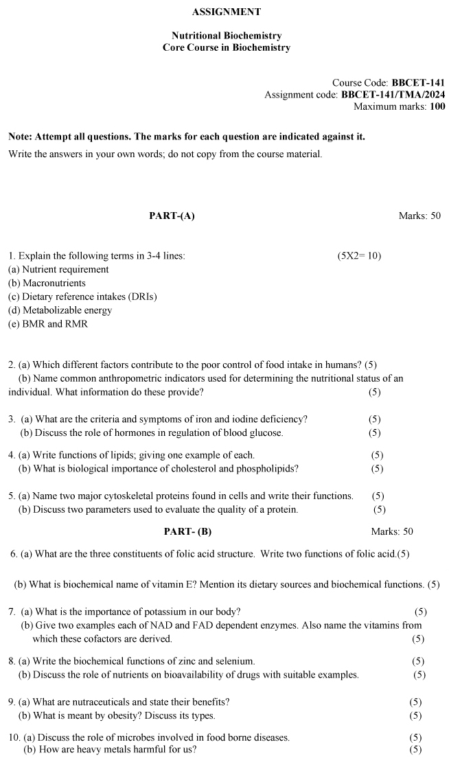 IGNOU BBCET-141 - Nutritional Biochemistry Latest Solved Assignment-January 2024 - December 2024