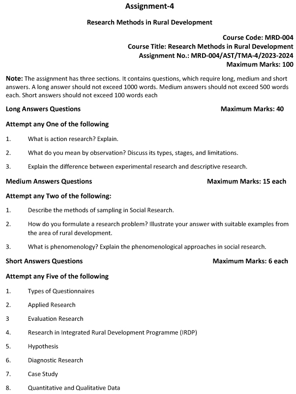 IGNOU MRD-04 (NEW) - Research Methods in Rural Development Latest Solved Assignment-July 2023 – January 2024