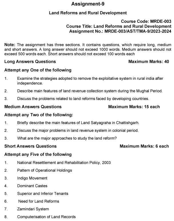 IGNOU MRDE-03 (NEW) - Land Reforms and Rural Development Latest Solved Assignment-July 2023 - January 2024