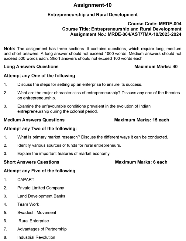 IGNOU MRDE-04 (NEW) - Entrepreneurship and Rural Development Latest Solved Assignment-July 2023 - January 2024