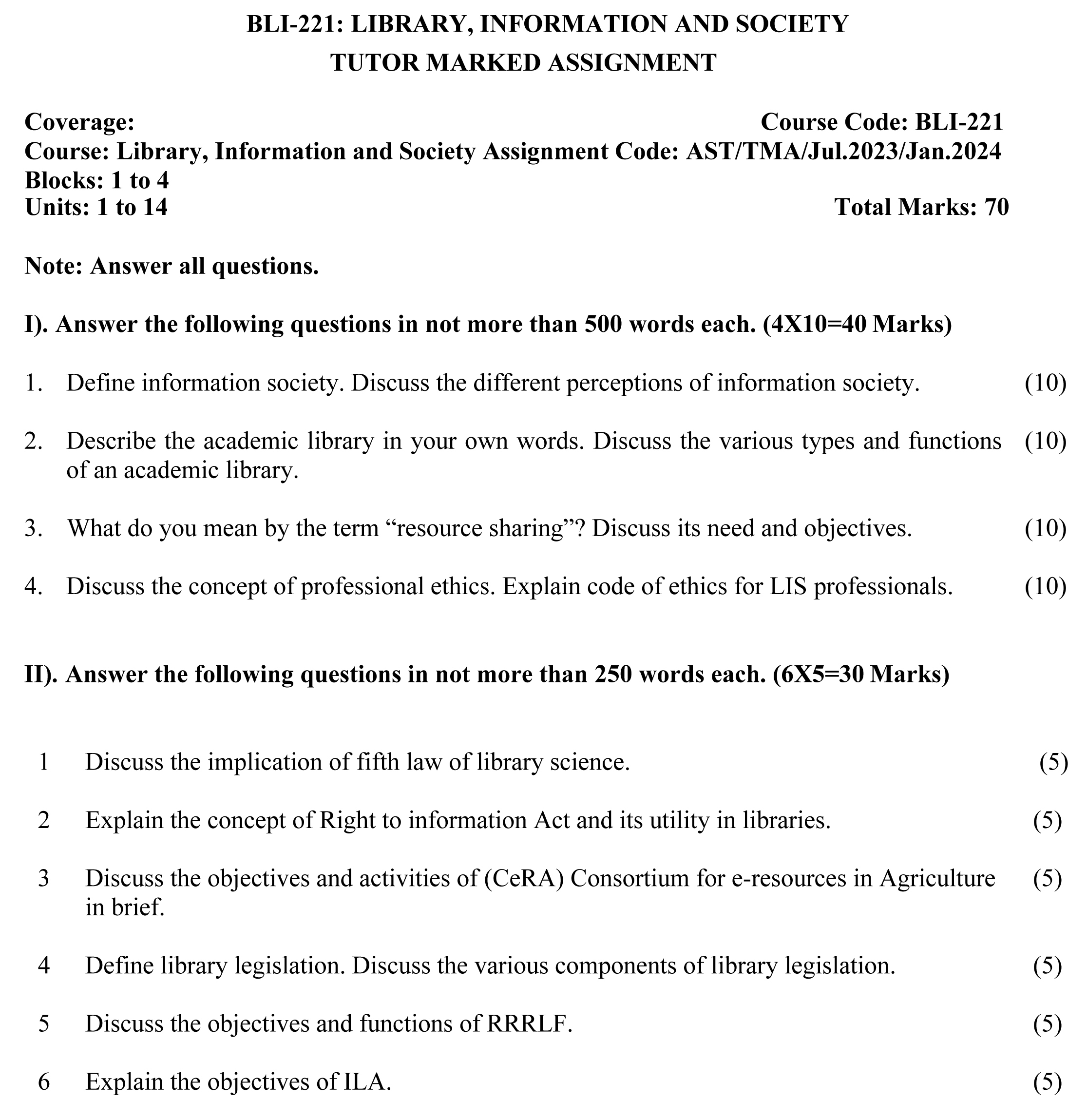 IGNOU BLI-221 - Library, Information and Society, Latest Solved Assignment-July 2023 - January 2024