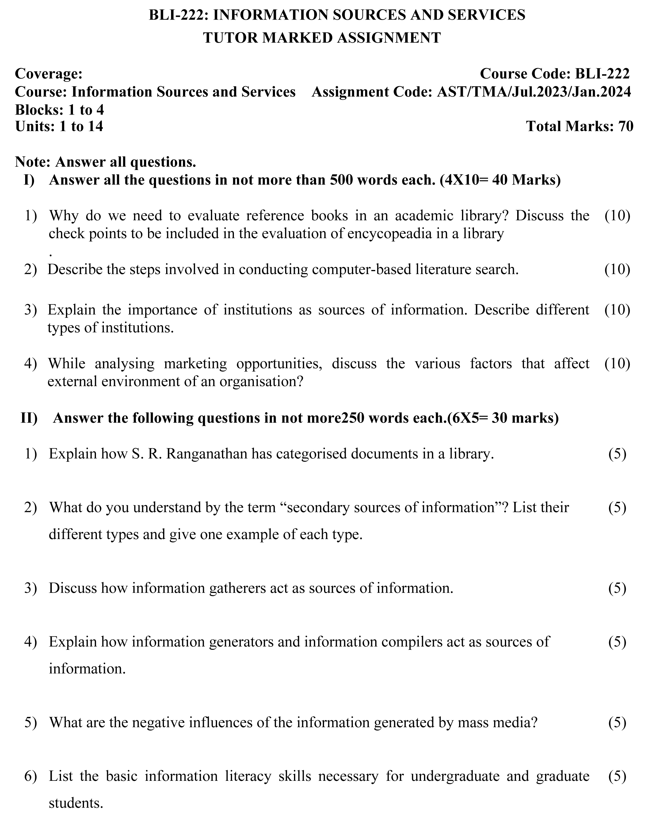 IGNOU BLI-222 - Information Sources and Services, Latest Solved Assignment-July 2023 - January 2024